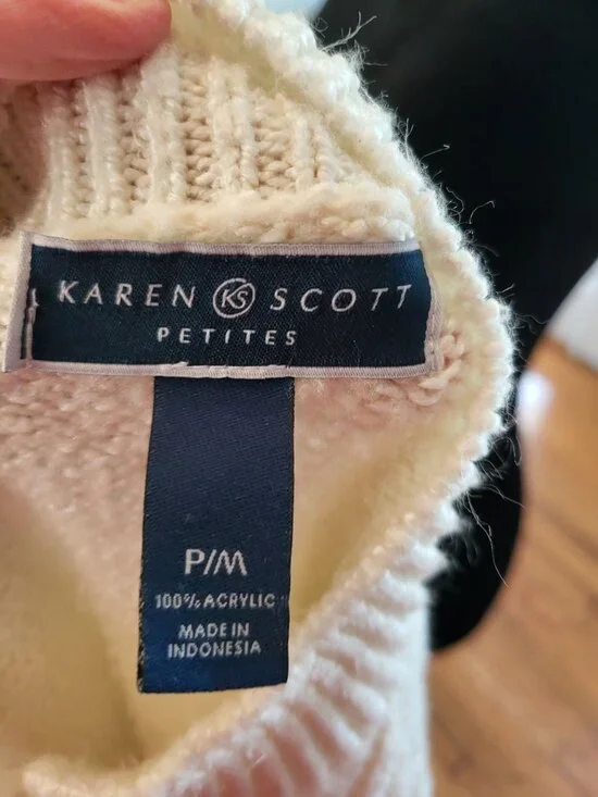 Karen Scott Vintage 90's Mock Neck Cable Knit Sweater Pearl Buttons PM Preppy - Picture 8 of 8
